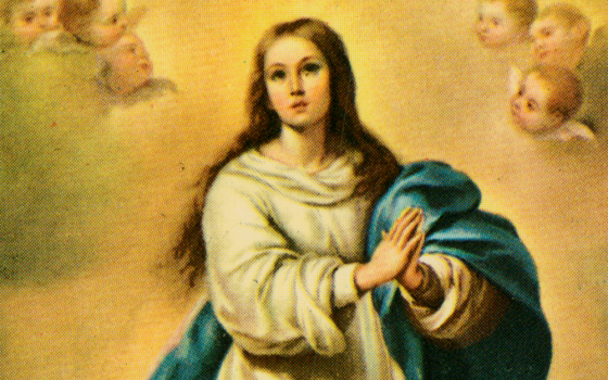 Close-up of a holy card’s depiction of Mary, the Immaculate Conception, which draws on symbolism from the Book of Revelation. (Courtesy of The Marian Library/University of Dayton)
