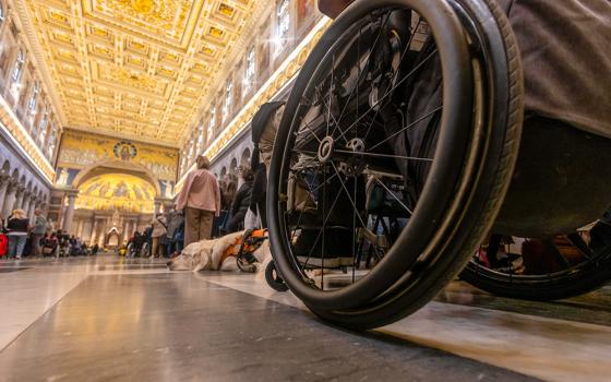 A wheelchair and a guide dog can be seen during Mass as part of the Jubilee of People with Disabilities at St. Paul Outside the Walls in Rome April 28, 2025. (CNS/Pablo Esparza)