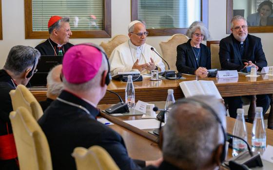 Pope Leo XIV speaks with leaders of the "continental bodies" representing Latin America, Africa, Asia, Europe, Oceania, the Middle East and North America, together with the coordinators of the continental synodal teams, during a private meeting at the Vatican June 25, 2026. (CNS/Vatican Media)