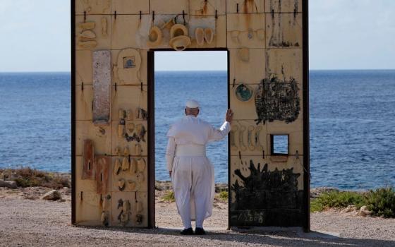 Pope Leo XIV visits the Gateway of Europe monument in Lampedusa, Sicily, southern Italy, July 4, 2026, during a one-day pastoral visit to the island long associated with the plight of migrants crossing the Mediterranean. (AP/Alessandra Tarantino)