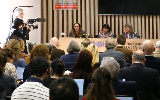 Laura Sgro, a lawyer representing a former religious sister that has reported sexual, spiritual and psychological abuse committed by Fr. Marko Rupnik, speaks at a news conference in Rome Feb. 21, 2024. (CNS/Justin McLellan)