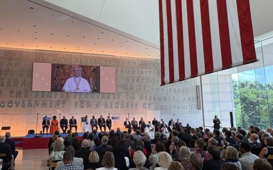 Pope Leo XIV appears via livestream from the Vatican during the Liberty Medal ceremony from the National Constitution Center in Philadelphia July 3, 2026. About people attended, including civic leaders, religious representatives from more than 30 faith traditions, Catholic leaders and many of the pope's longtime Augustinian friends. (NCR photo/Camillo Barone)