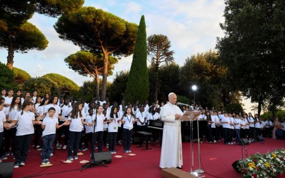 Pope Leo XIV speaks at the "Canticle of Peace" event in the Vatican Gardens in Castel Gandolfo on the evening of July 29, 2026, featuring a performance by Italian tenor Andrea Bocelli and a 164-member children's choir. (OSV News/Vatican Media/Matteo Pernaselci)