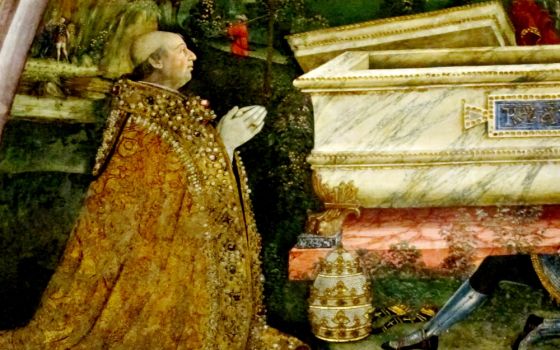 Pope Alexander VI (1492-1503) is depicted at prayer in a fresco by Pinturicchio in the Borgia Apartments at the Vatican. (Wikimedia Commons/Sailko)